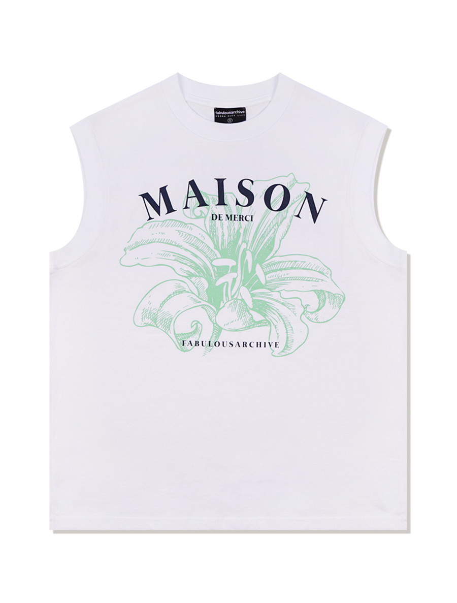 UNISEX 오버핏 싱글 MAISON프린팅 슬리브리스 탑 화이트네이비(FCB2TS300M)