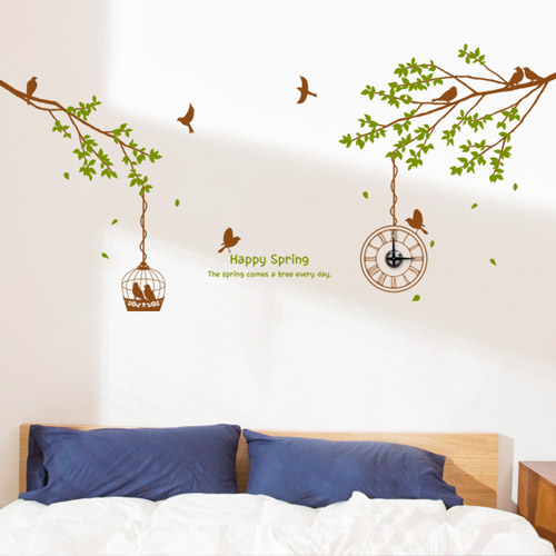 그래픽벽시계 (gm-ik379)-숲속새들의행복한봄_그래픽시계(중형)