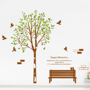 그래픽스티커,ps245-새들의행복기억_그래픽스티커,나무,자연,새,레터링,벤치,의자,잎,벽돌,나뭇가지,잎사귀,데코,소품,인테리어