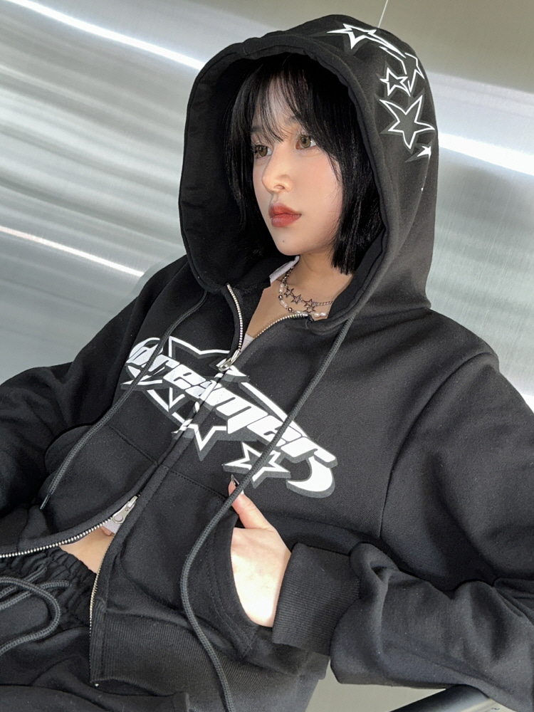 [KIMIS MADE]star the dreamer semi crop hood zip-up(black) - 키미스