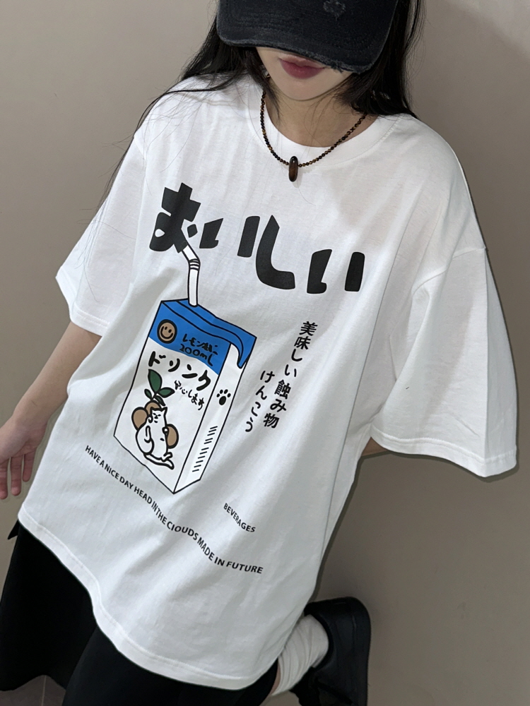 [UNISEX]하라쿠 밀키 밀크 유니크 키치 루즈 하프 티셔츠(2color) - 키미스