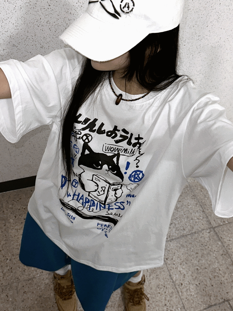 [UNISEX]아마쿠테 네코 캣츠 키치 북스 레터 프린팅 루즈 하프 티셔츠(2color) - 키미스
