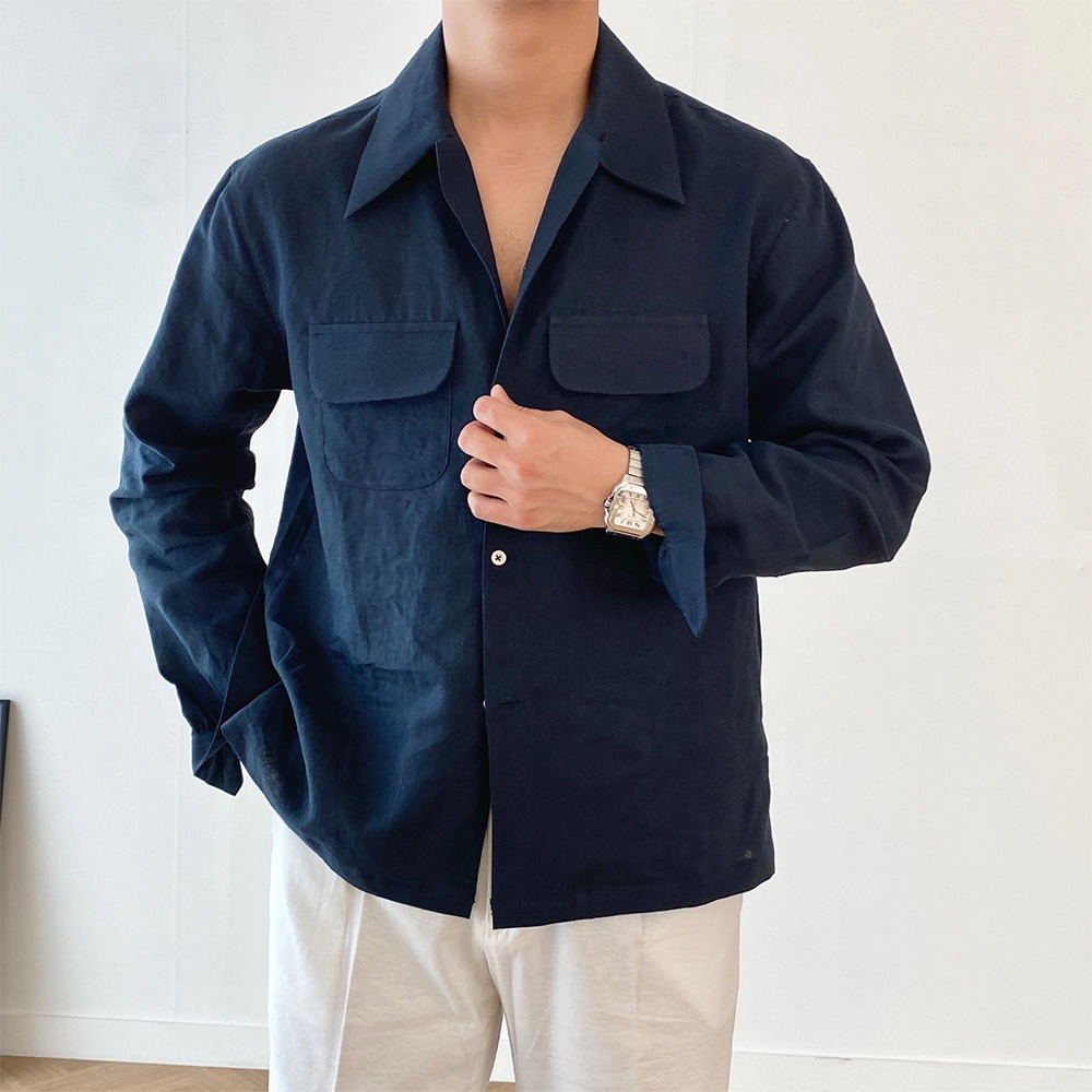 Retro Open-Collar Linen Shirt (2color)