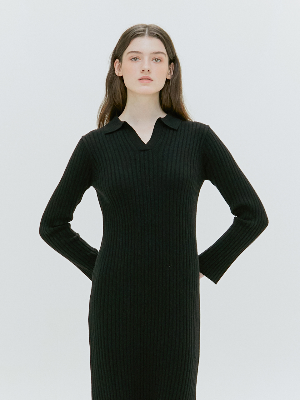 HACIE - COLLAR DETAIL KNIT DRESS [BEIGE][BLACK]