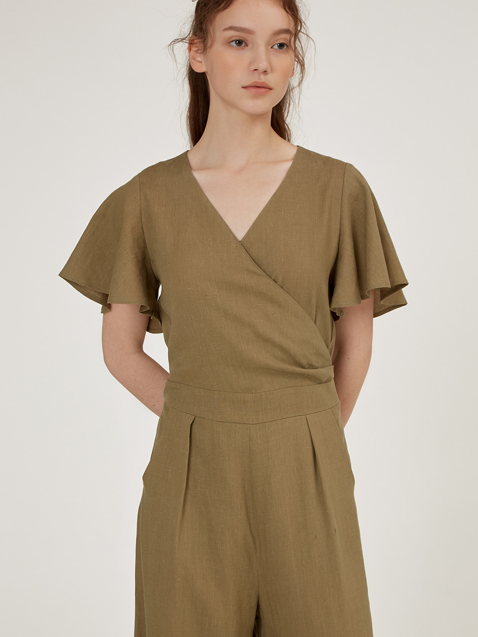 HACIE - LINEN BLENDED SHORT SLEEVE JUMPSUIT [OLIVE]