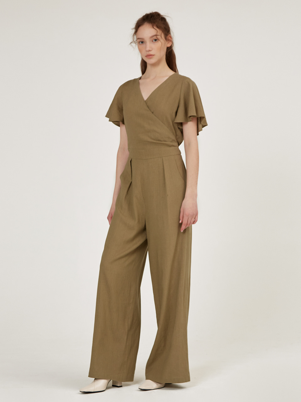 HACIE - LINEN BLENDED SHORT SLEEVE JUMPSUIT [올리브]