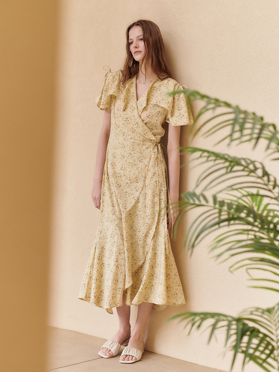 HACIE - FLOWER PATTERN RUFFLE WRAP DRESS [YELLOW&amp;GREEN]