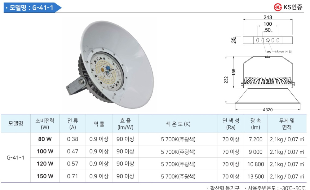 지오 KS G-41-1 led 원형 백색갓 투광기 공장등 천정형 벽부 ac 80w 100w 120w 150w 2년 ip65 ...
