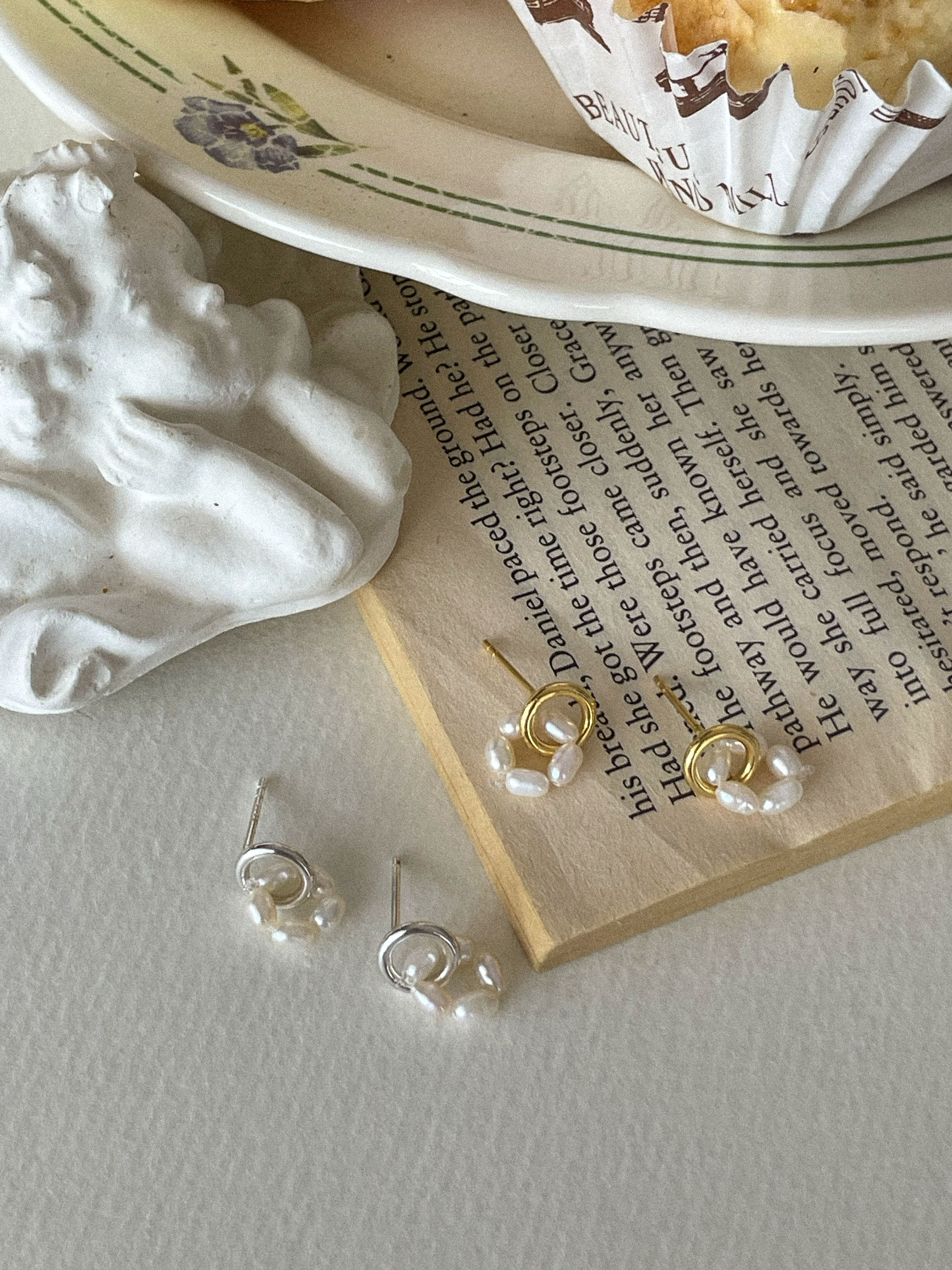 [92.5 Silver] Ring pearl earrings