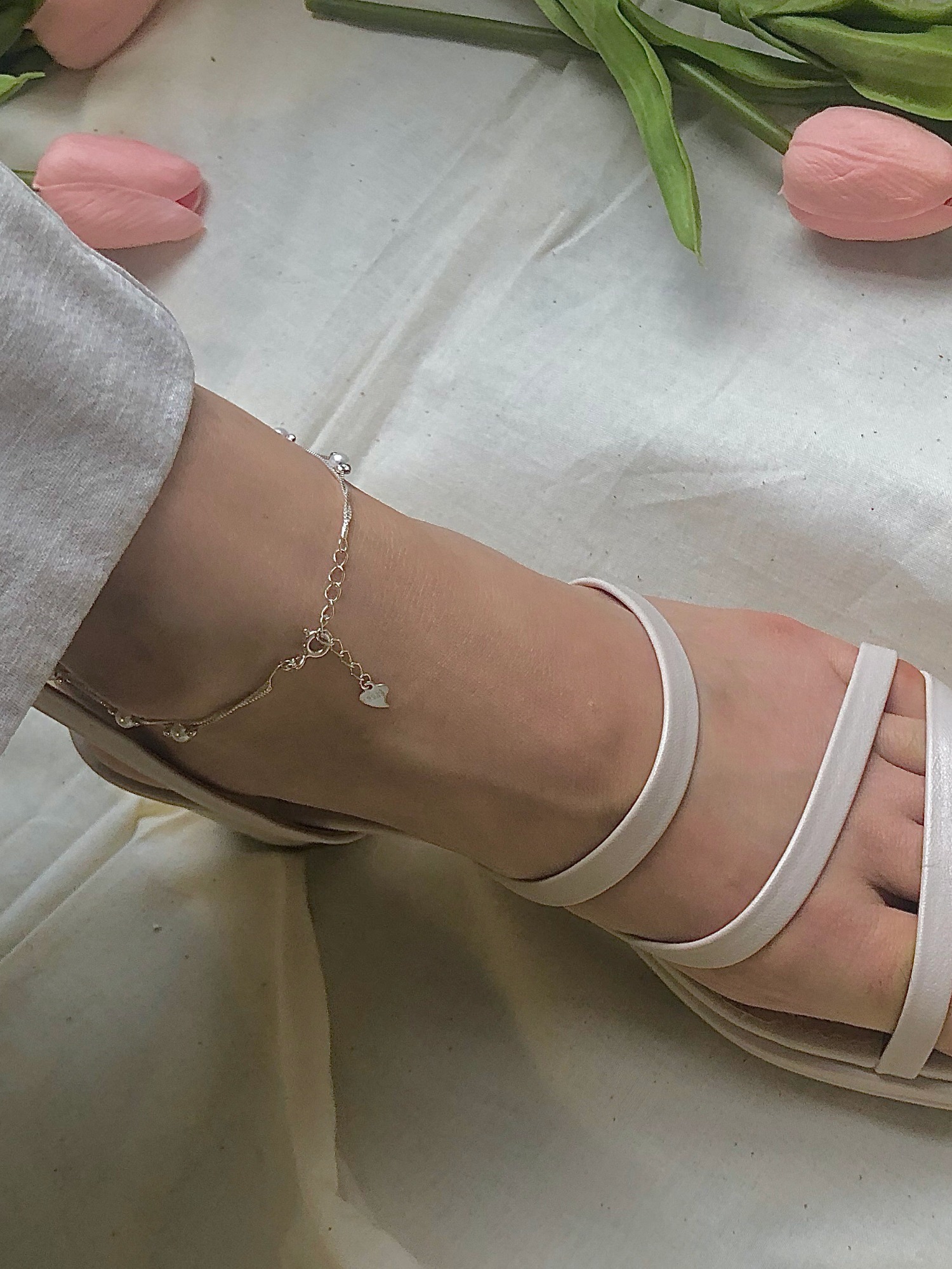 [92.5 Silver] double-string pearl anklet