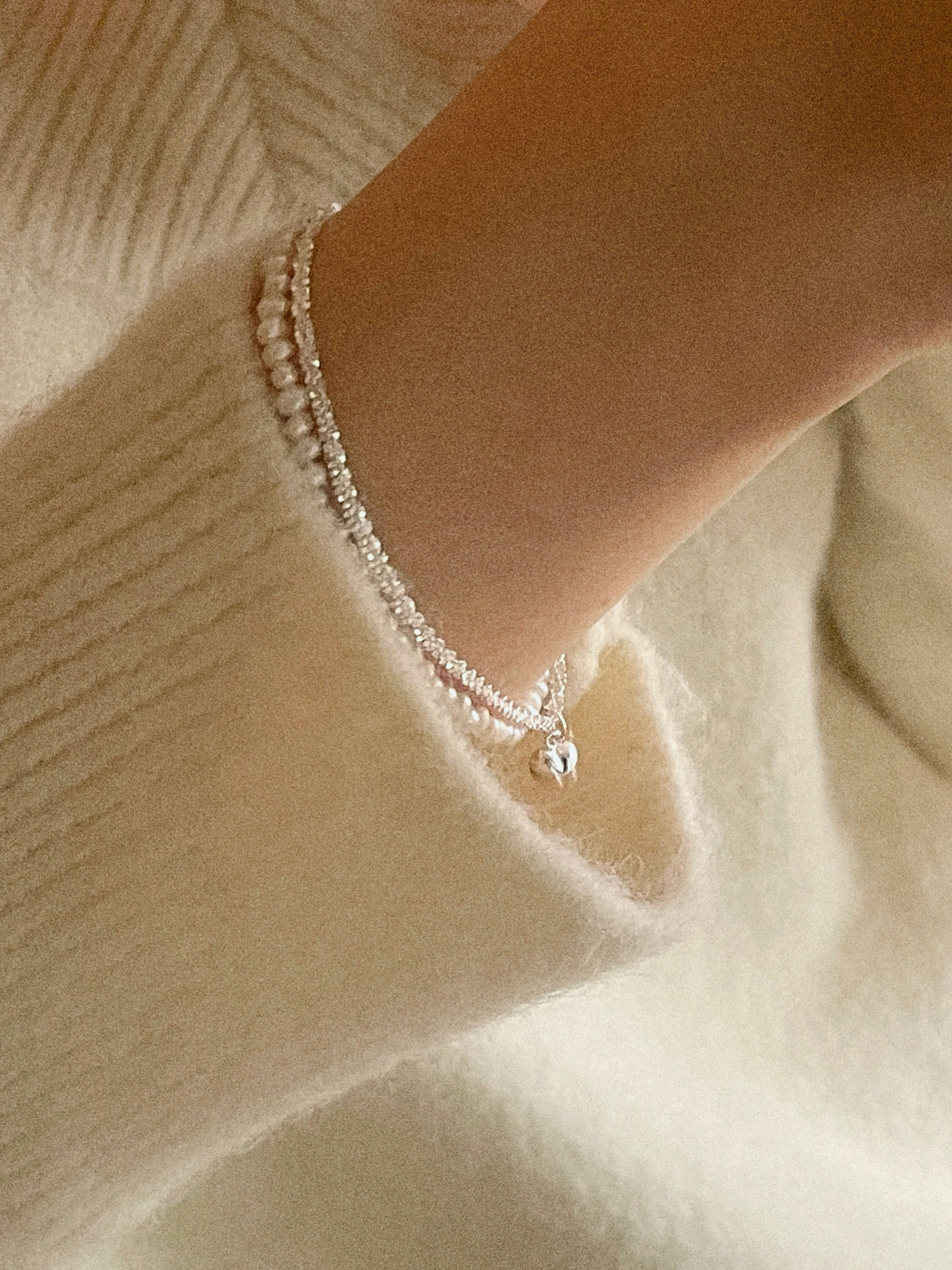[당일발송/92.5 Silver] Two lines of heart pearl bracelet