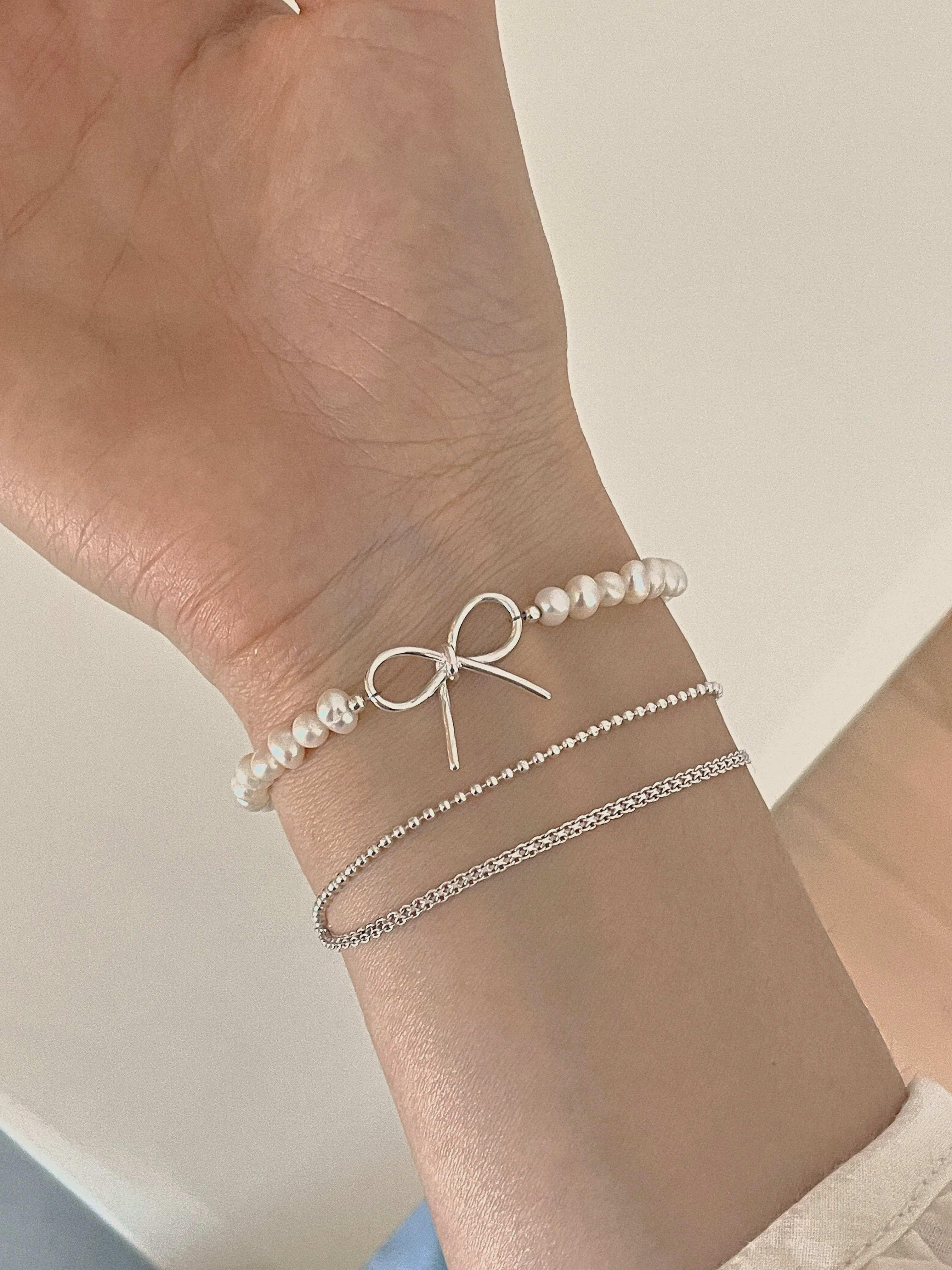 [92.5 Silver] Freshwater pearl ribbon bracelet