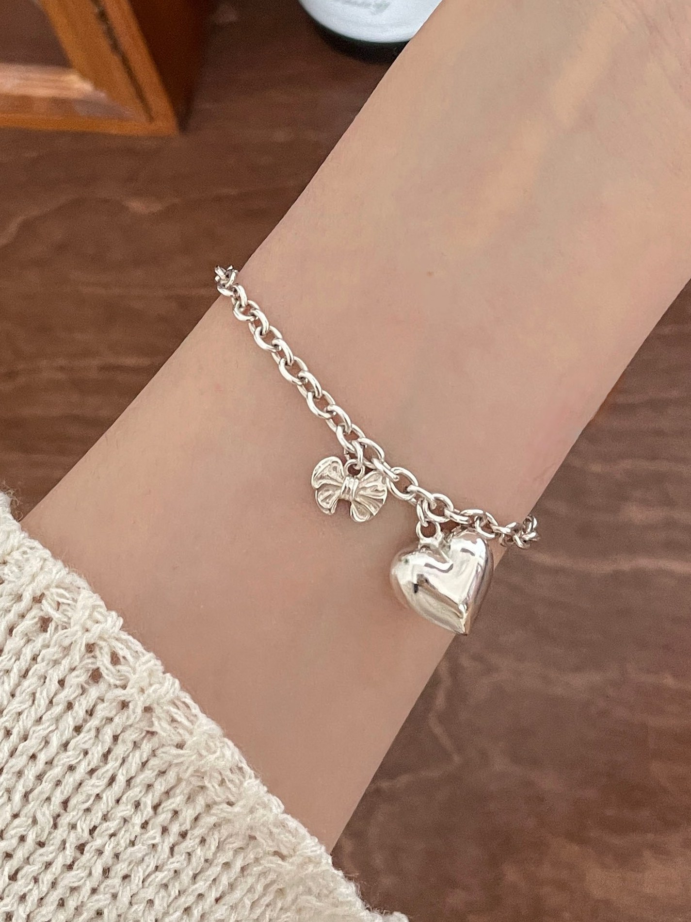 [92.5 Silver]  Ribbon heart bracelet