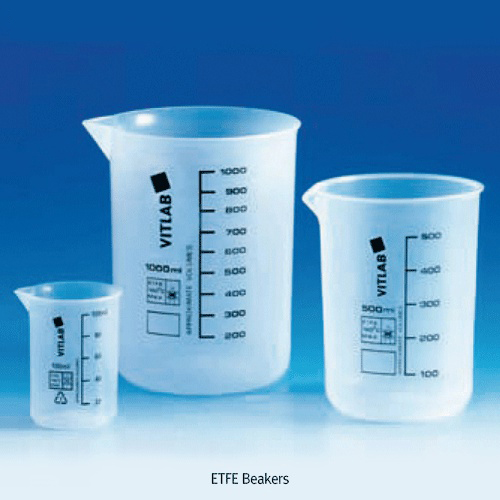 VITLAB® ETFE(Fluorplastic) Griffin Beakers, Black-graduated, 25~1,000㎖Teflon계 투명 ETFE비커, Transparent, Very Good Chemical Resistance, -100℃ ~ +150℃내열