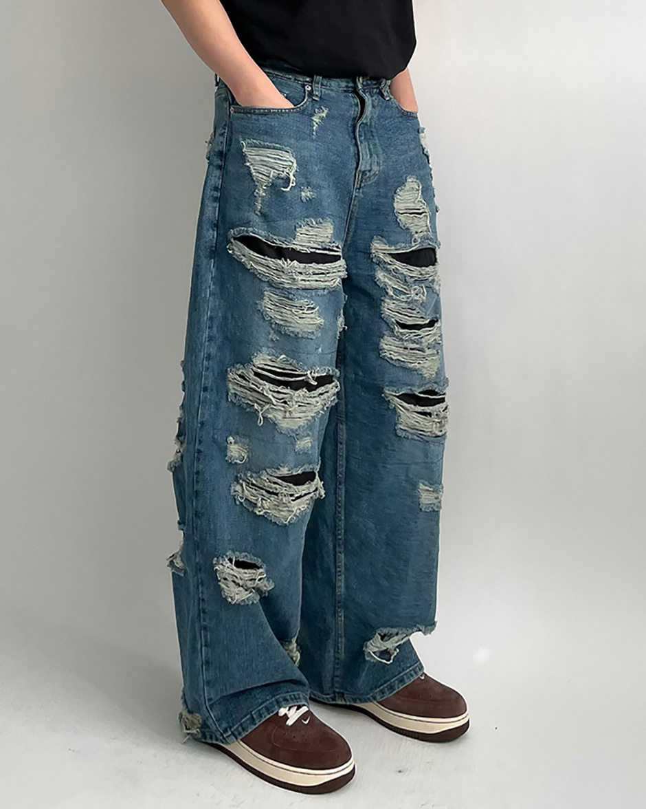 Over diss wide blue denim pants (1C)