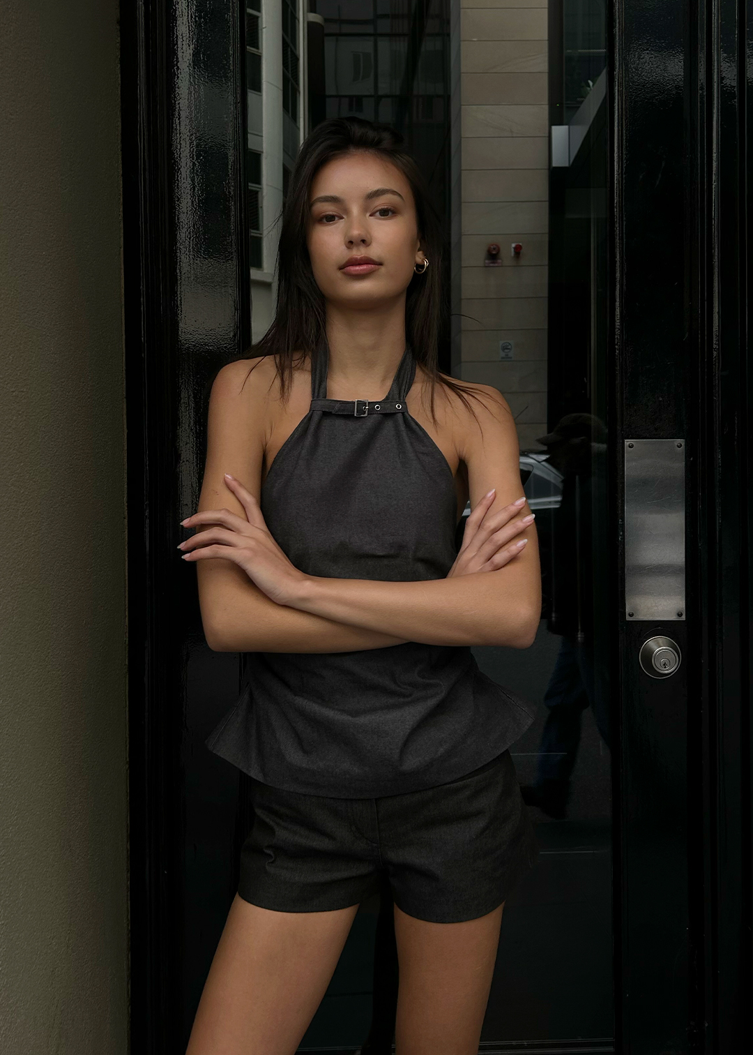 BELTED HALTER TOP - INDIGO