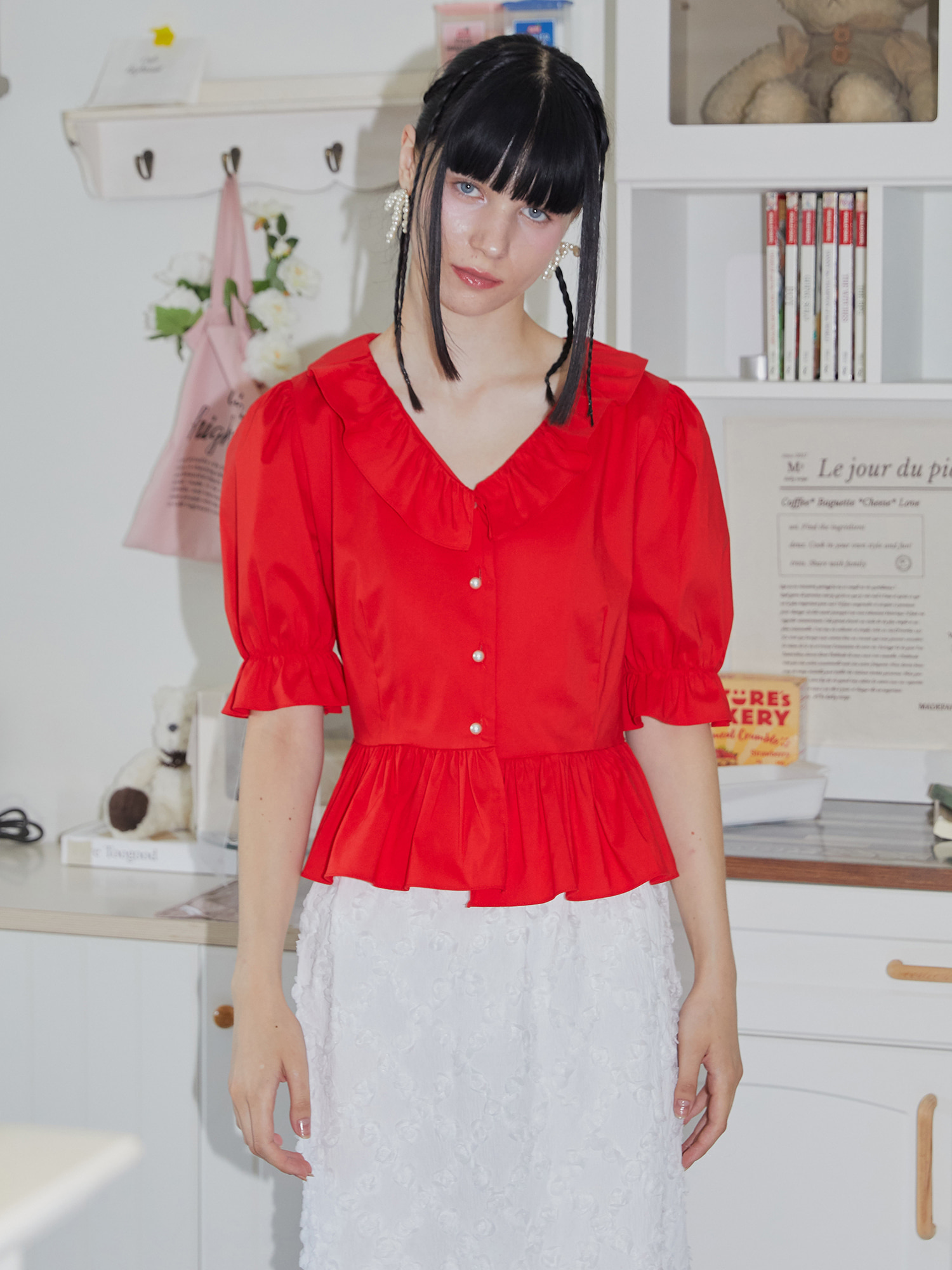 RED V FRILL BLOUSE