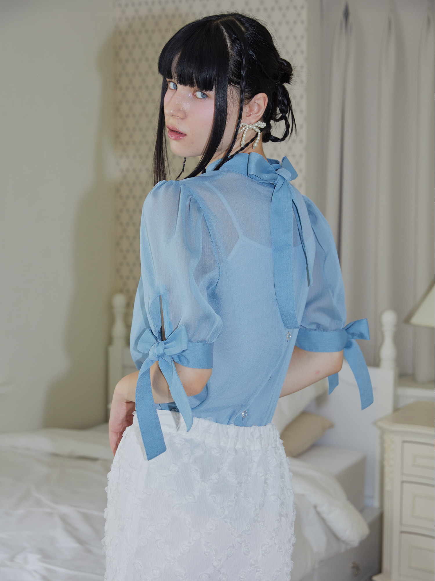 OCEAN BLUE CHIFFON RIBBON BLOUSE