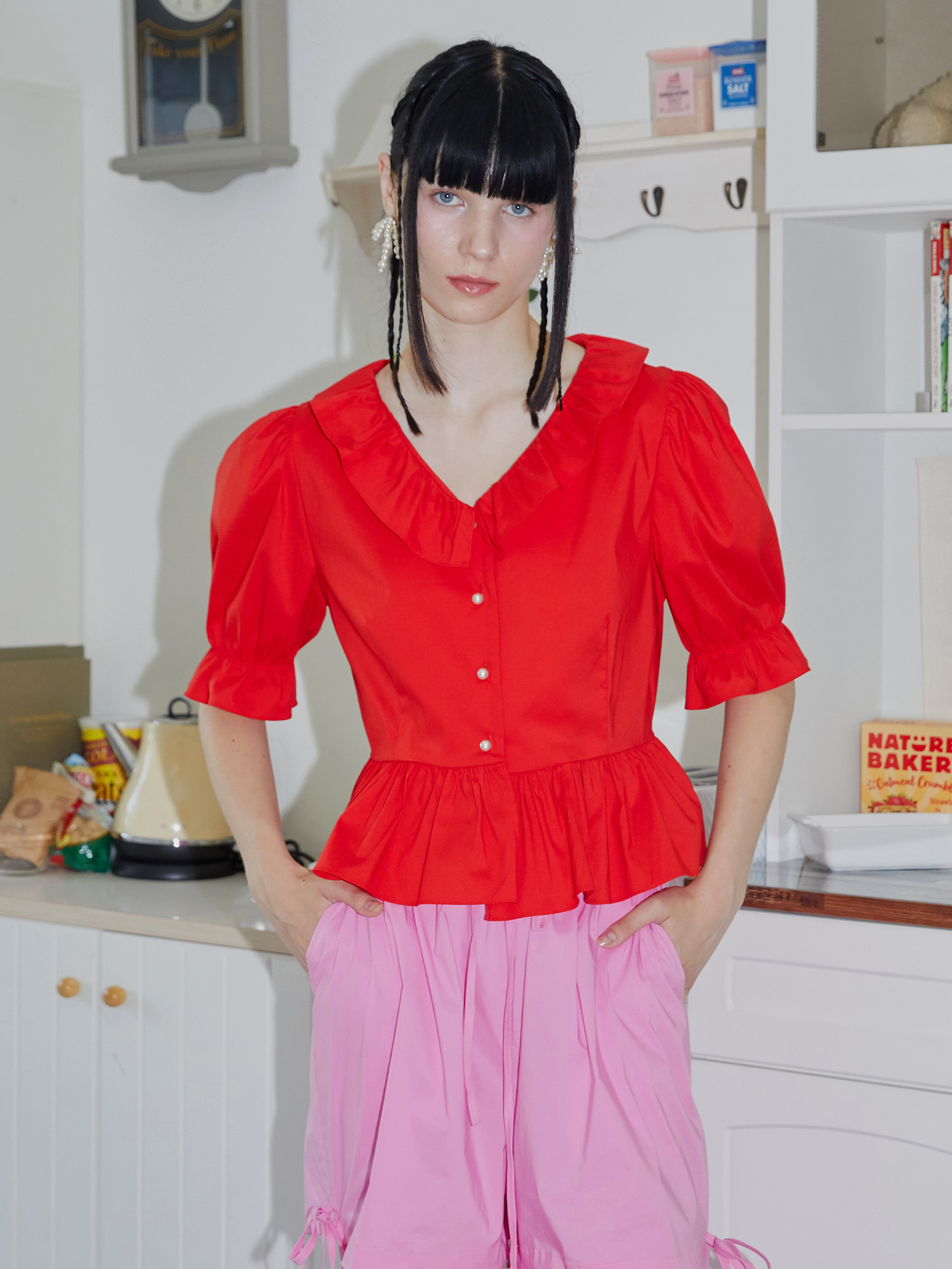 RED V FRILL BLOUSE