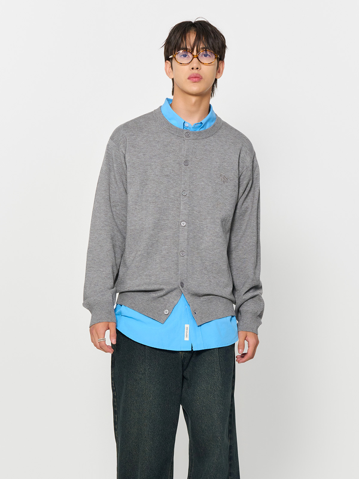 GENERAL IDEA] MAN ロゴ入りラウンドネック長袖カーディガン [GREY