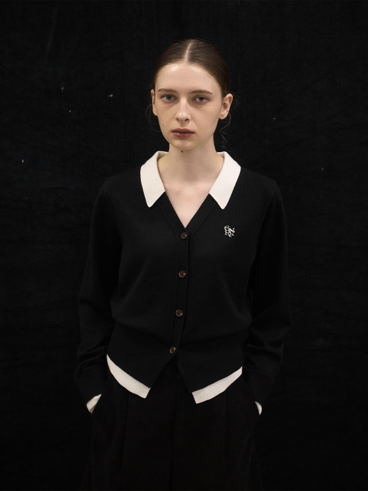 GENERAL IDEA WOMAN シャツレイヤード風ニットカーディガン M GENERAL IDEA] WOMAN シャツレイヤード風ニットカーディガン