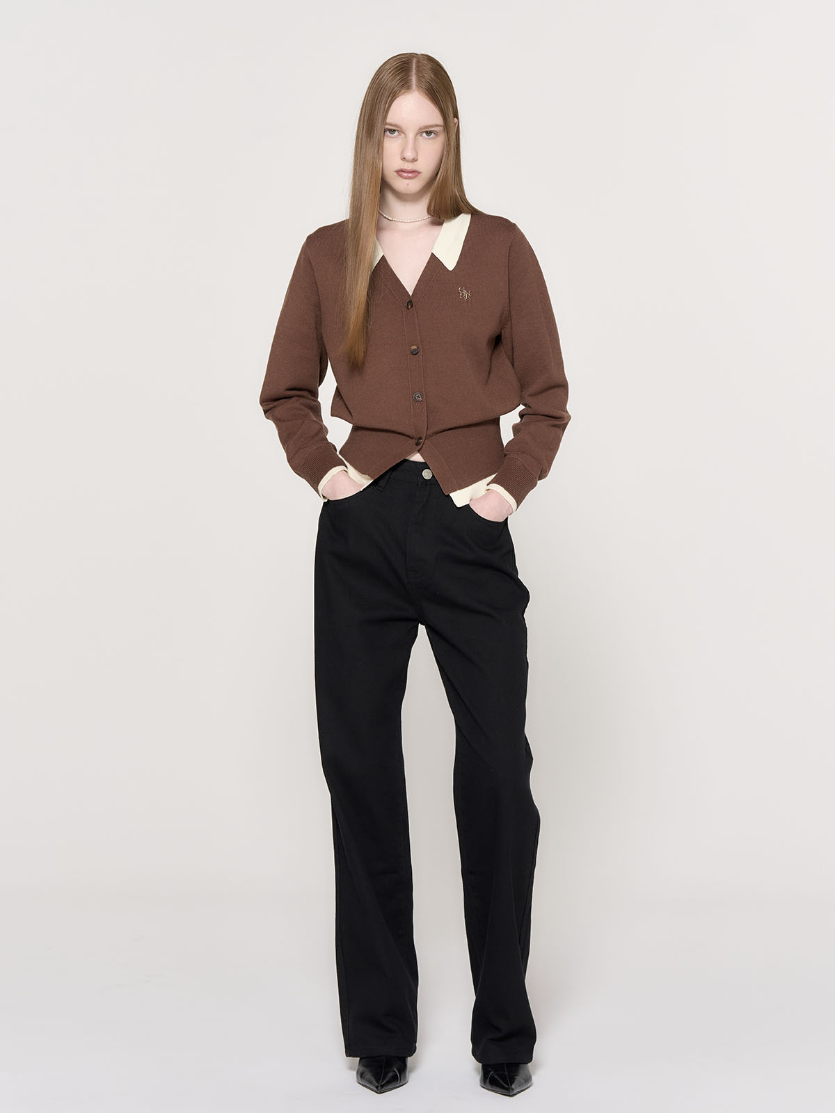 GENERAL IDEA] WOMAN シャツレイヤード風ニットカーディガン [BLACK]