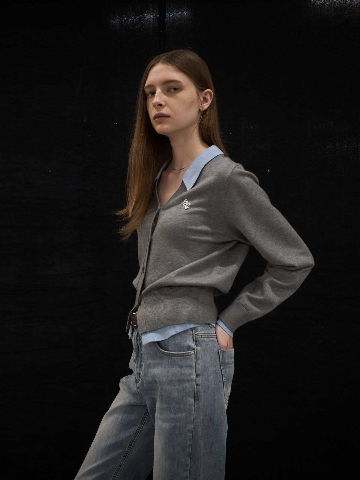 GENERAL IDEA WOMAN シャツレイヤード風ニットカーディガン M GENERAL IDEA] WOMAN シャツレイヤード風ニットカーディガン [BROWN]