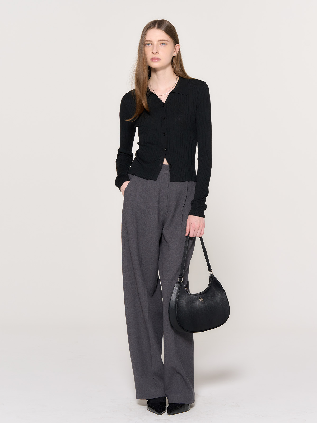 GENERAL IDEA] WOMAN カシミヤ混襟付きリブカーディガン [BLACK]