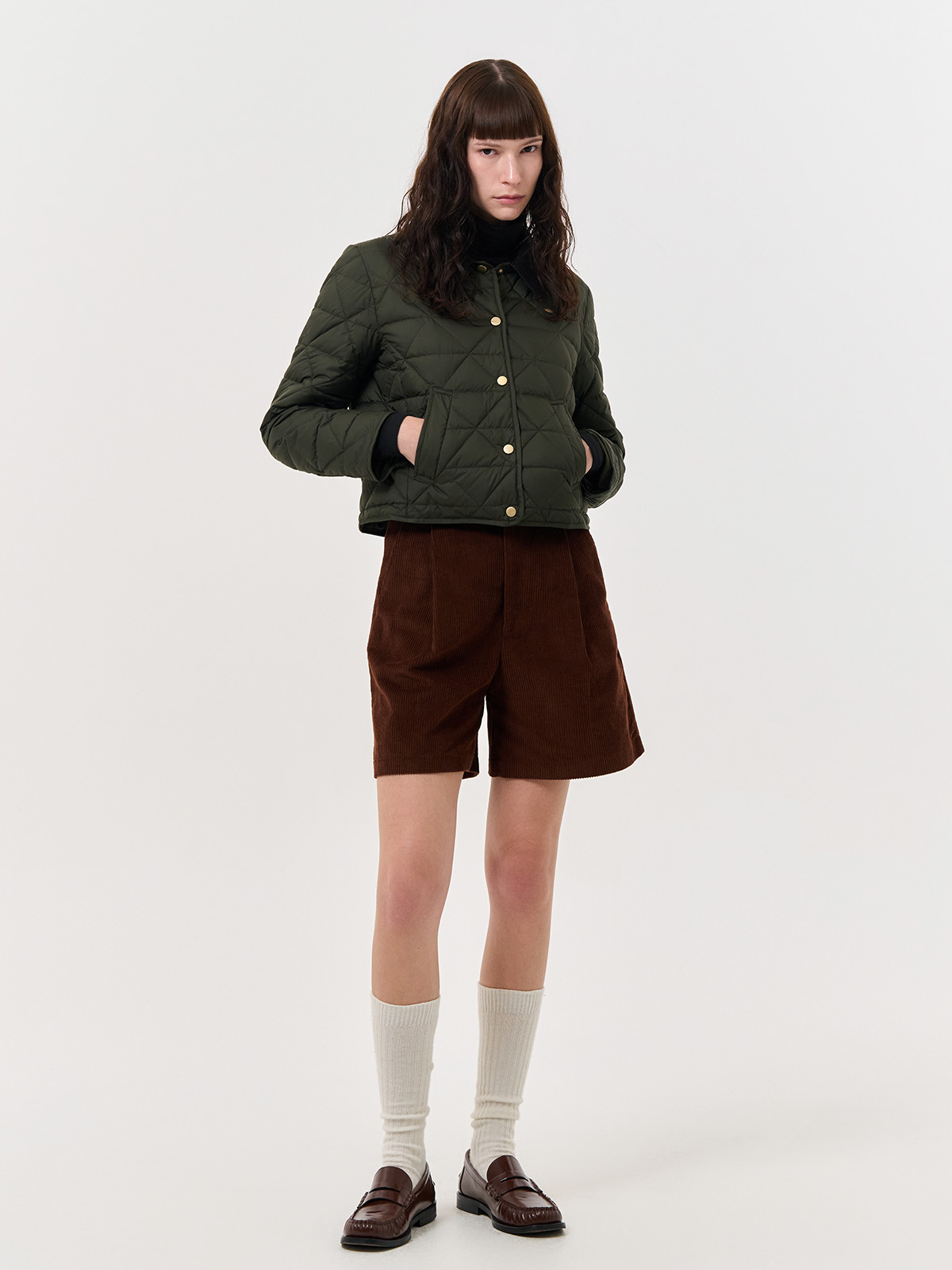 JUNYA コーデュロイ ダウンジャケット チェック柄襟 GENERAL IDEA] WOMAN コーデュロイ襟付きダウンジャケット