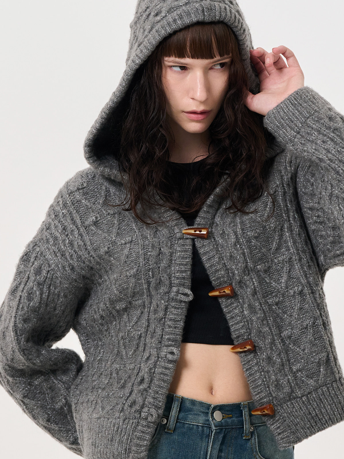 GENERAL IDEA] WOMAN ケーブルフード付きトグルボタンカーディガン [GREY]