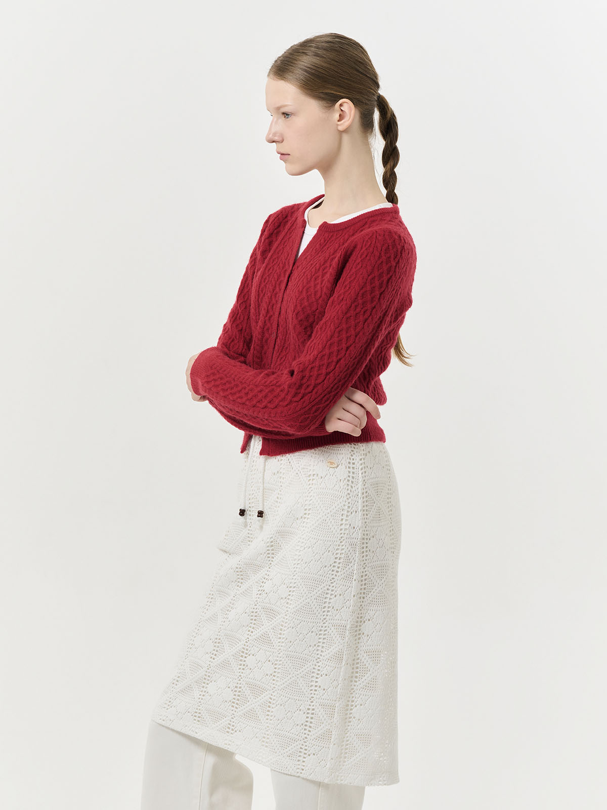 A*e様 赤 ケーブルニット 長袖カーディガン カーディガン 長袖 ケーブル編み ラウンドネック 細見え ニット