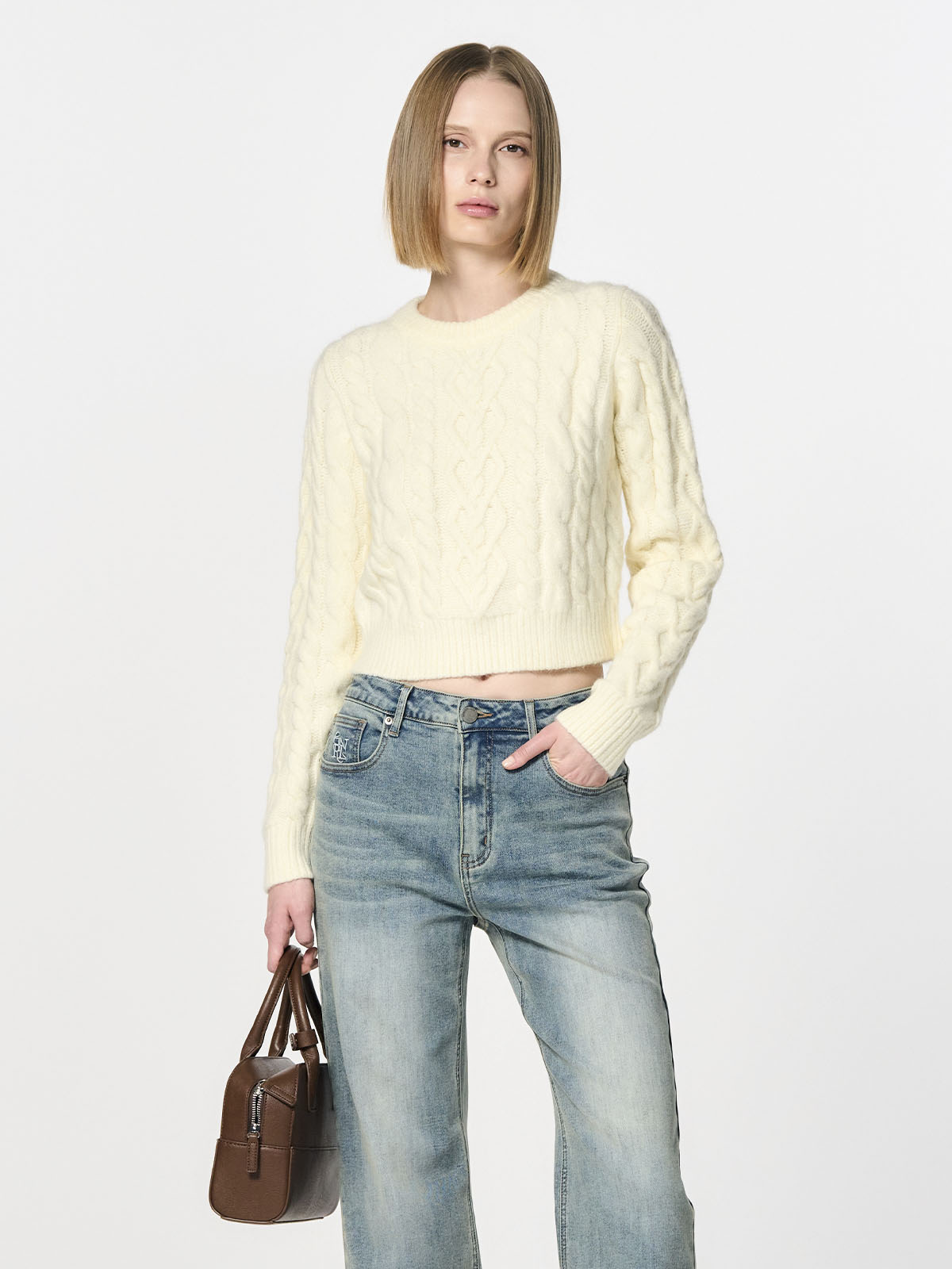 GENERAL IDEA] WOMAN ミックスケーブル編みニットプルオーバー [IVORY