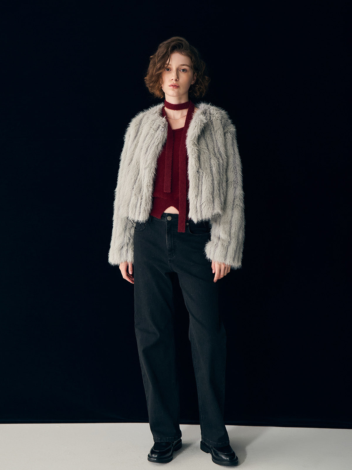 GENERAL IDEA] WOMAN ノーカラーファージャケット [GREY] (韓国