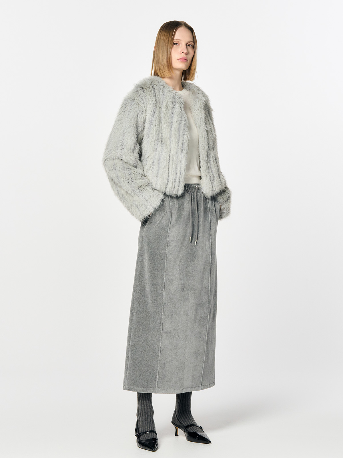 GENERAL IDEA] WOMAN ノーカラーファージャケット [GREY] (韓国