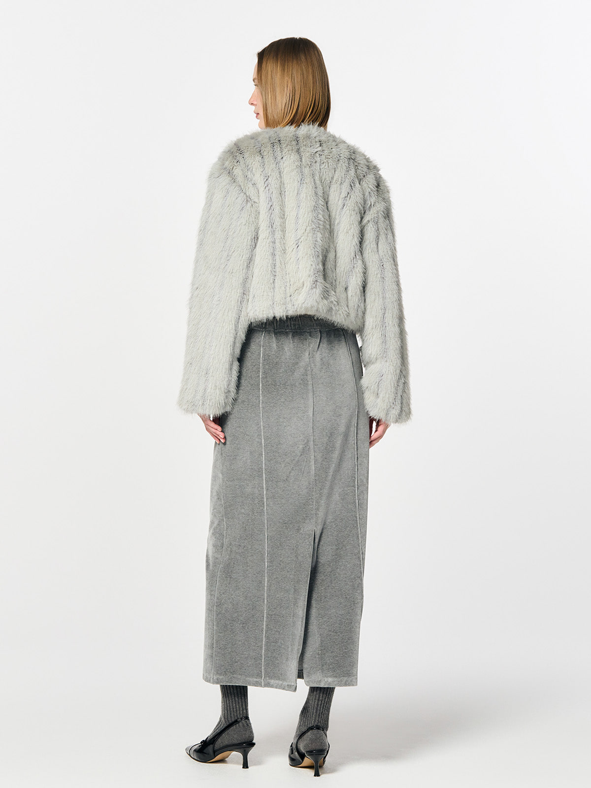 GENERAL IDEA] WOMAN ノーカラーファージャケット [GREY] (韓国