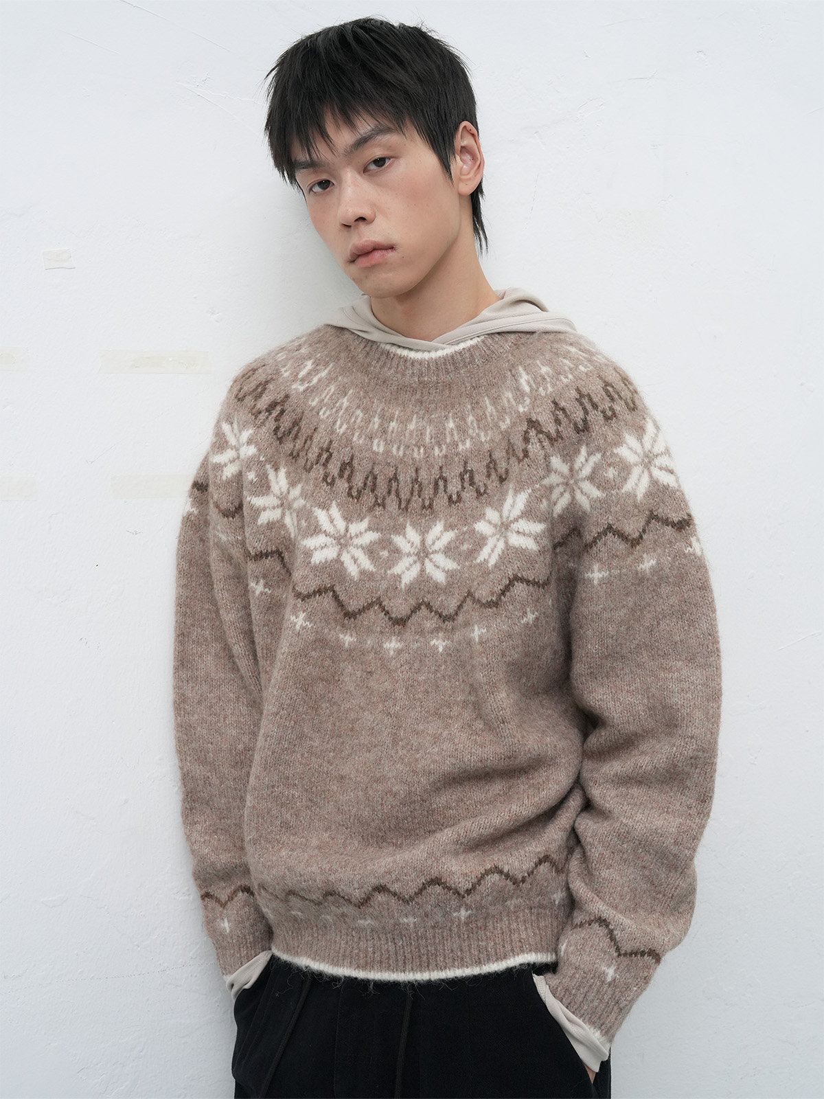 UNISEX ウールノルディック柄ニットプルオーバー [MOCHA]