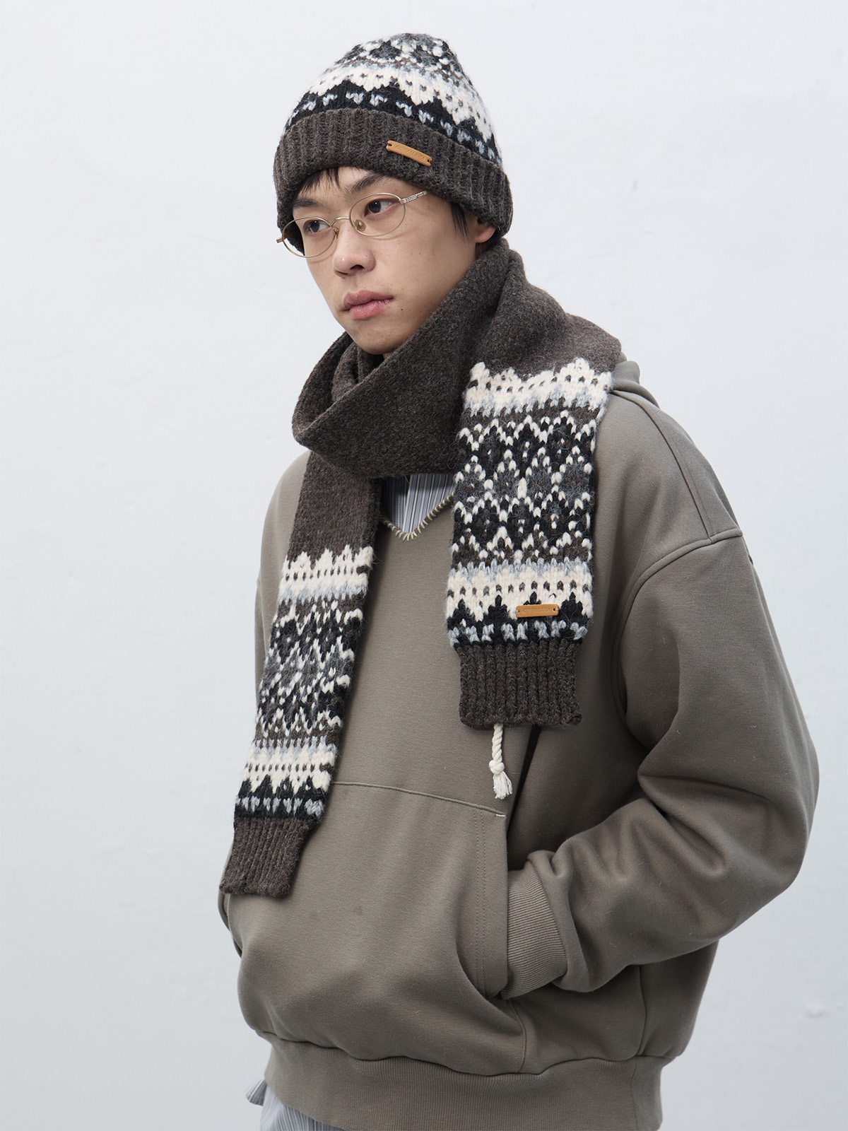UNISEX ノルディック柄ニットマフラー [BROWN]