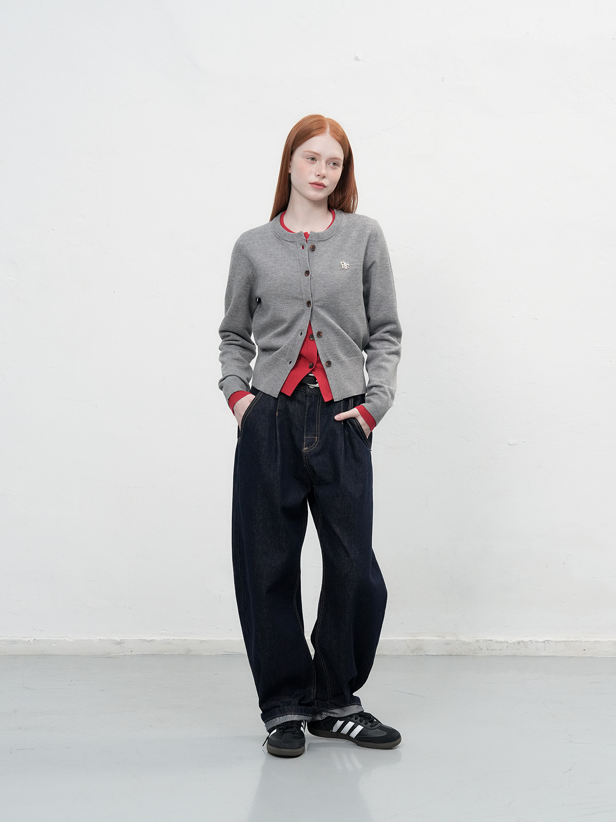 GENERAL IDEA] WOMAN ロゴ入りラウンドネック長袖カーディガン[GREY]