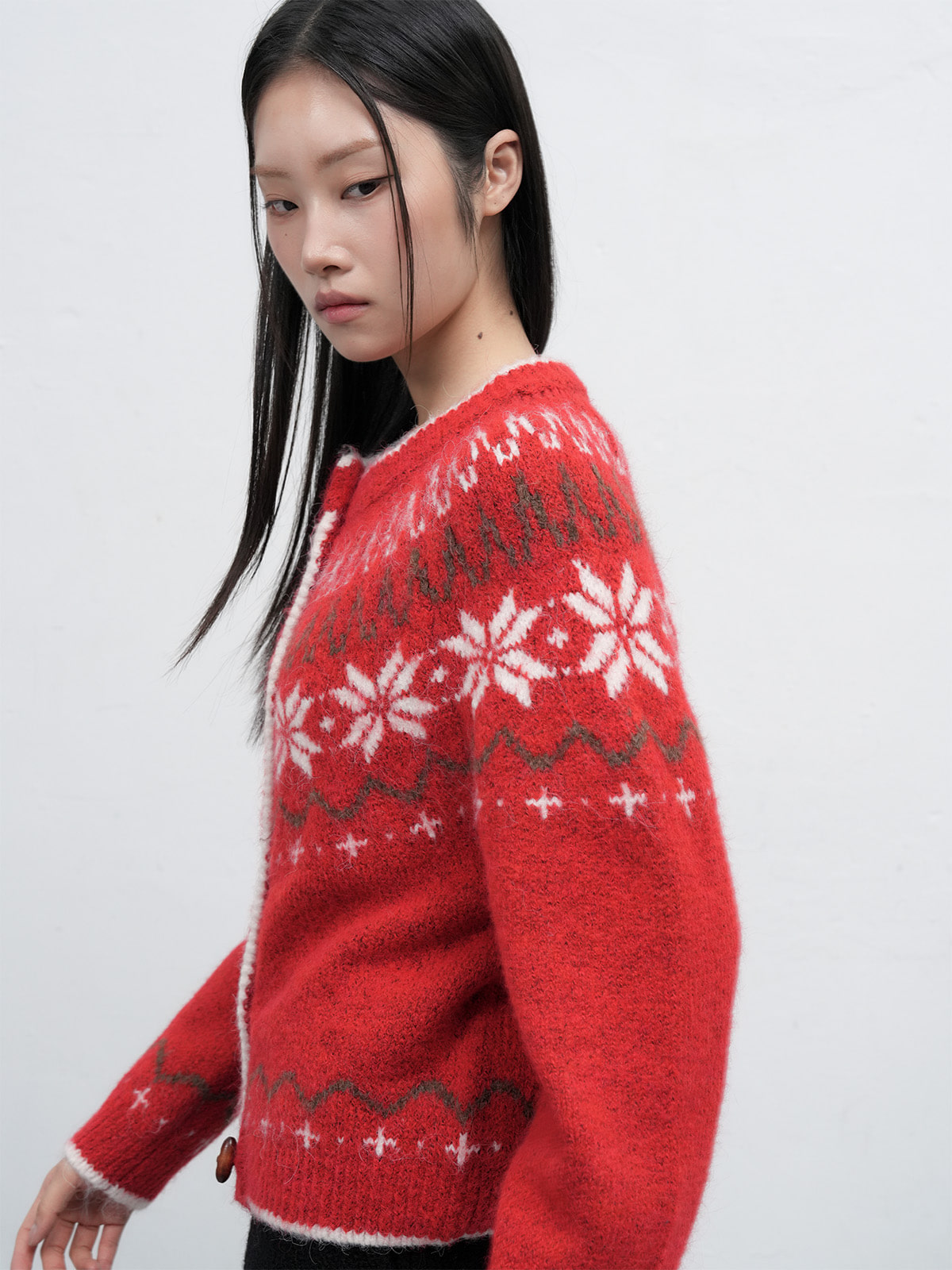 WOMAN ノルディック柄ラグラン袖カーディガン [RED]