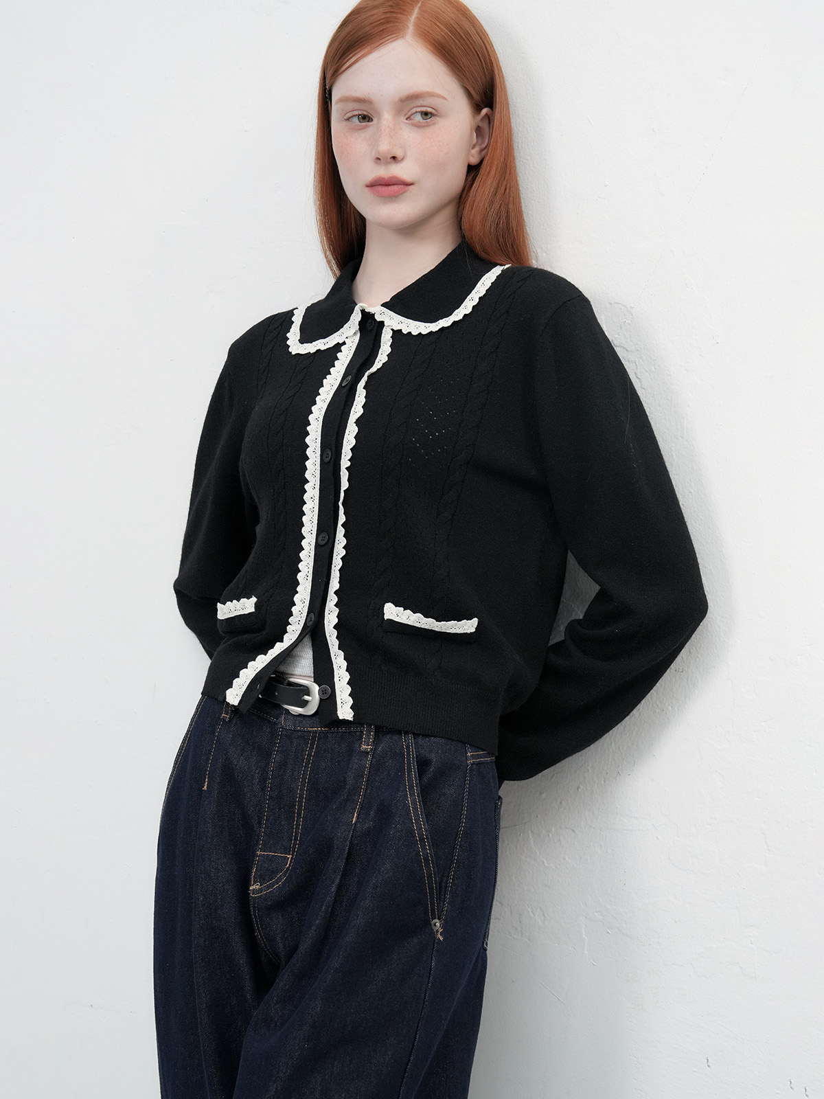 WOMAN レース襟ニットカーディガン [BLACK]