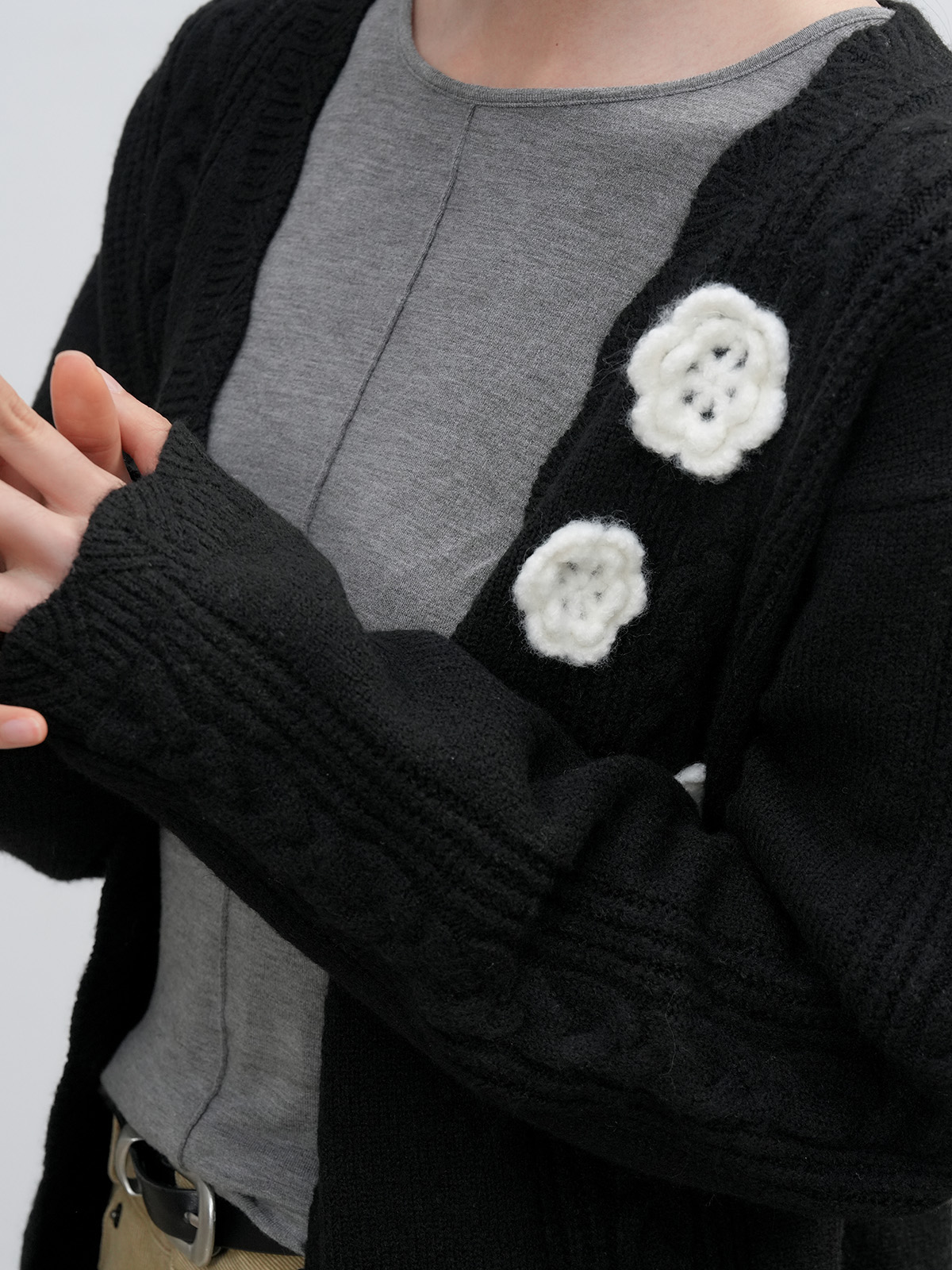 WOMAN フラワーモチーフカーディガン [BLACK]