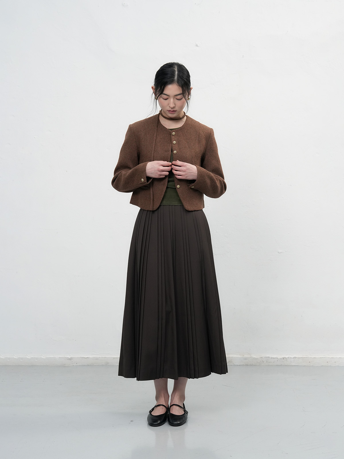 WOMAN ウールブレンドタイ付きノーカラージャケット [BROWN]