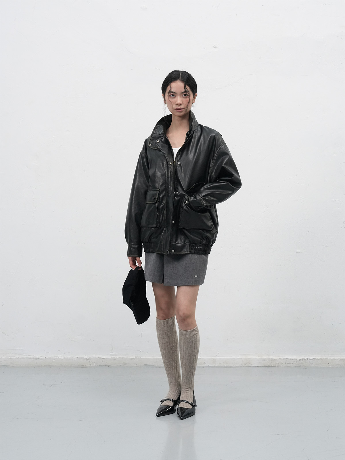 WOMAN フェイクレザーハイネックブルゾン [BLACK]