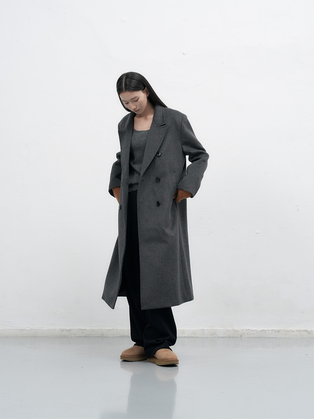 WOMAN ダブルブレストウールロングコート [CHARCOAL]