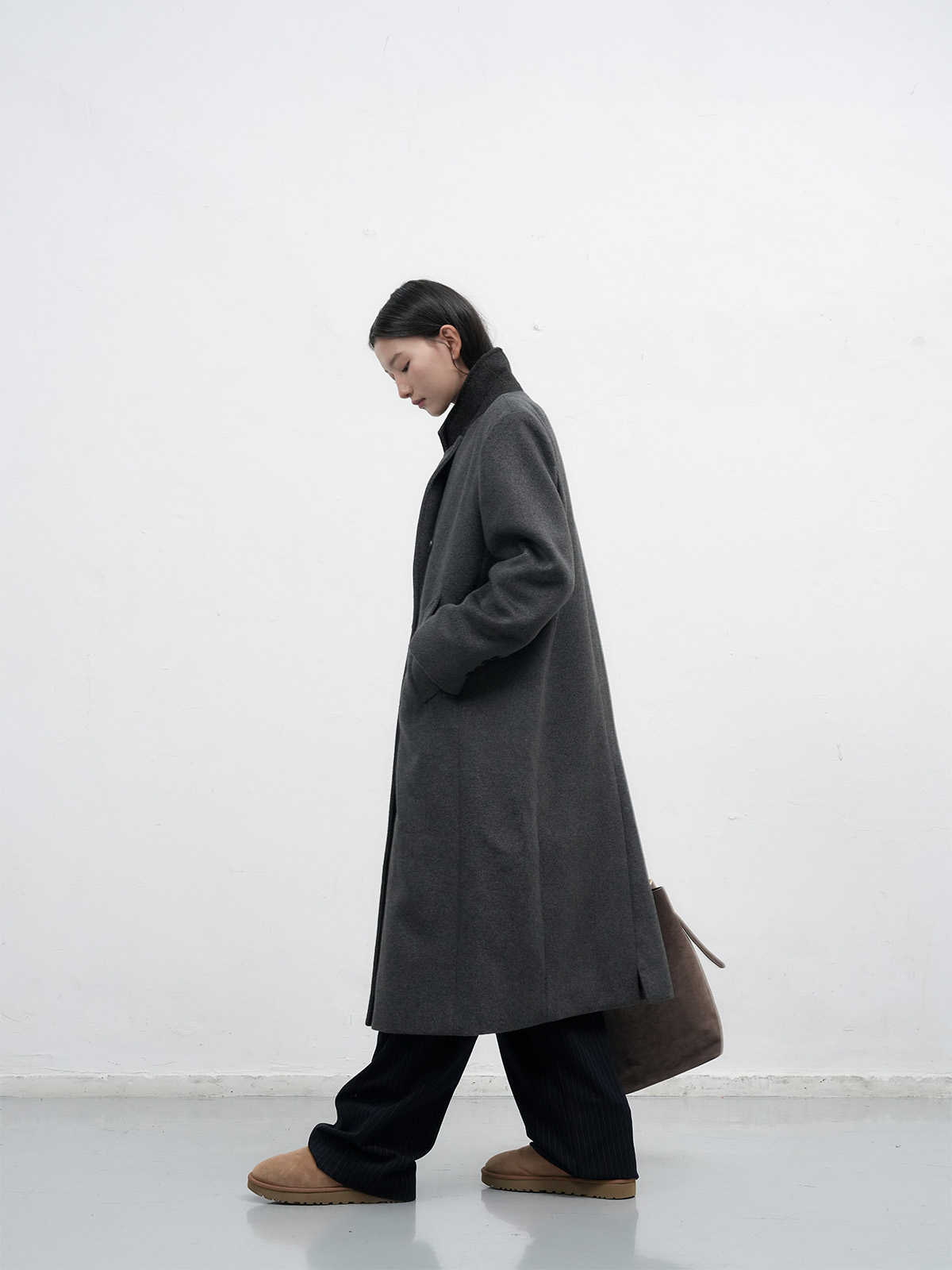 WOMAN ダブルブレストウールロングコート [CHARCOAL]