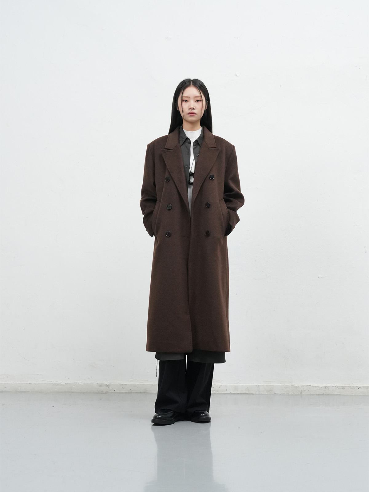 WOMAN ダブルブレストウールロングコート [DARK BROWN]