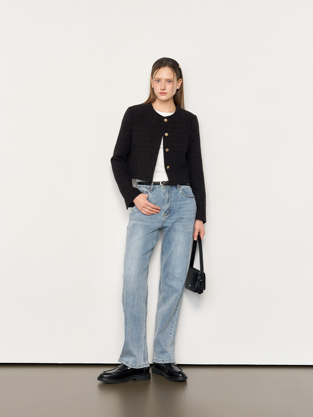 GENERAL IDEA] WOMAN ノーカラースタンダードツイードジャケット [BLACK]