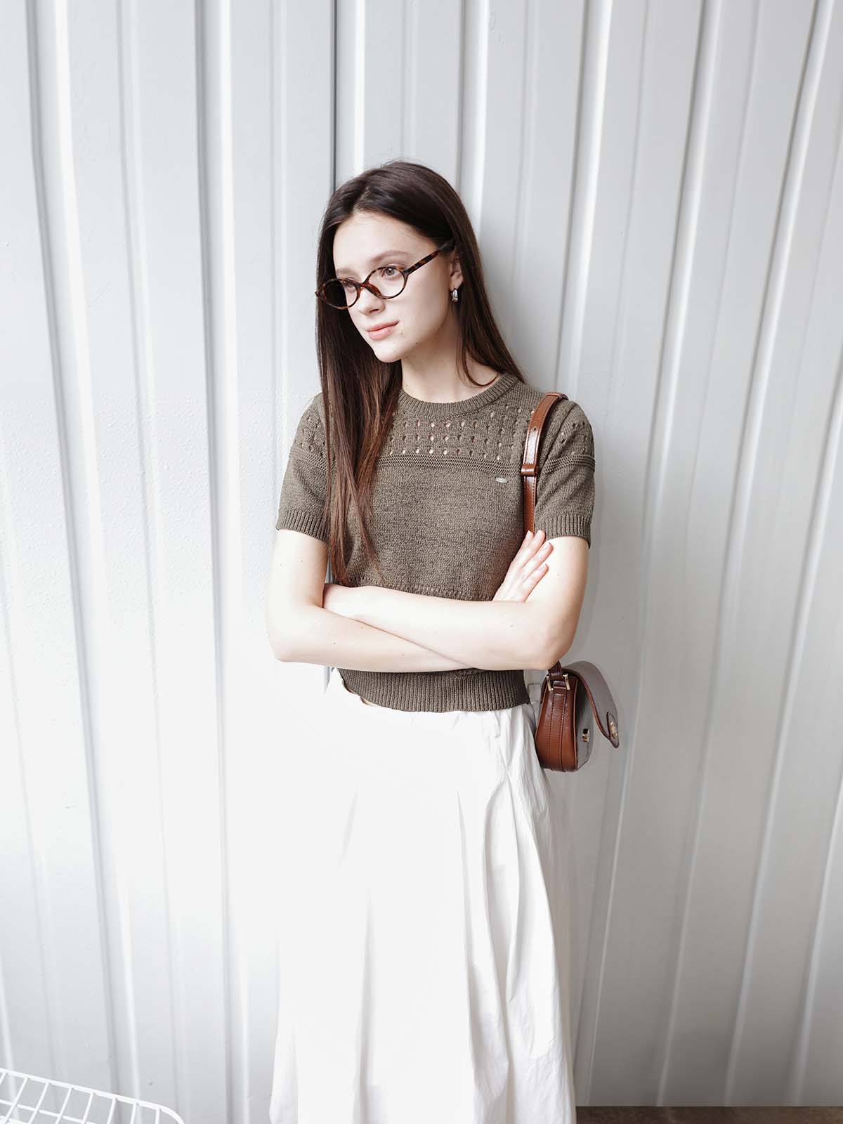 WOMAN パンチング透かしニットトップス [KHAKI]