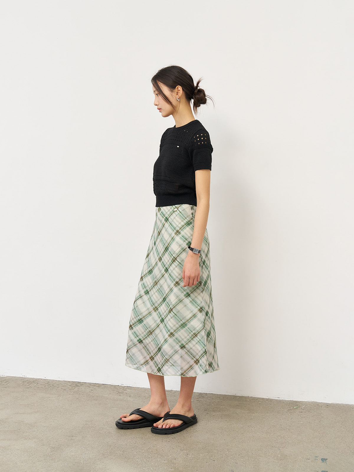 【GENERAL IDEA】Sheer Check Long スカート WOMAN シアーチェックロングスカート [GREEN]