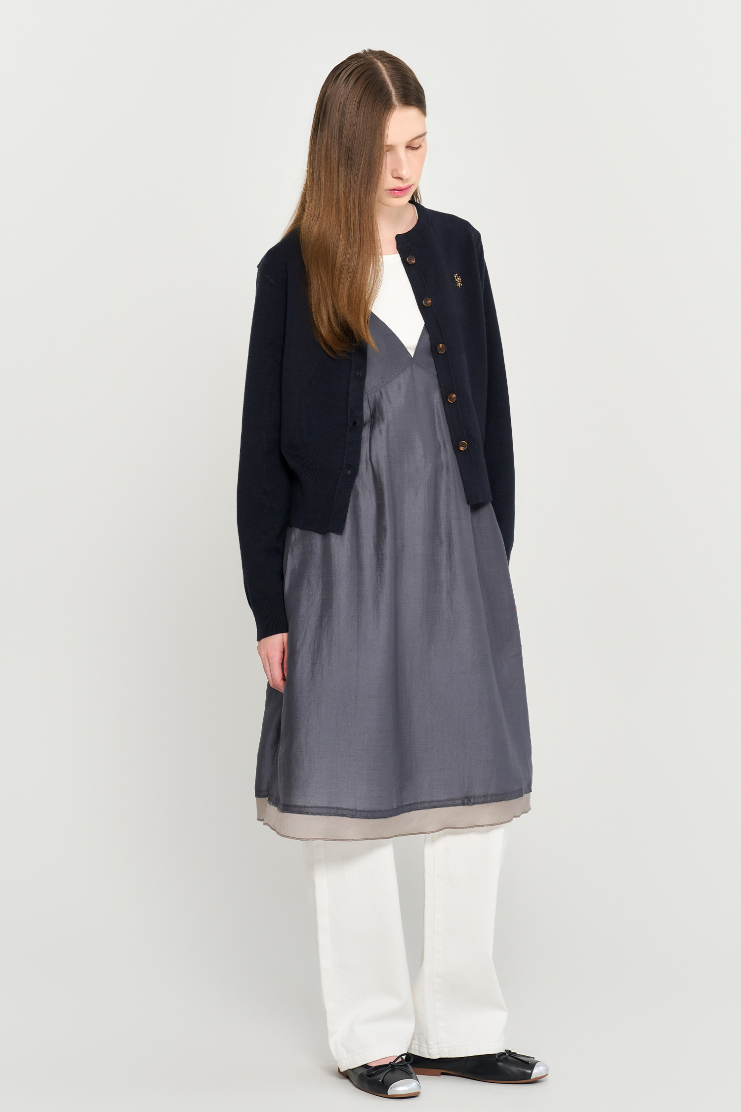 GENERAL IDEA] WOMAN ロゴ入りラウンドネック長袖カーディガン [DARK NAVY]